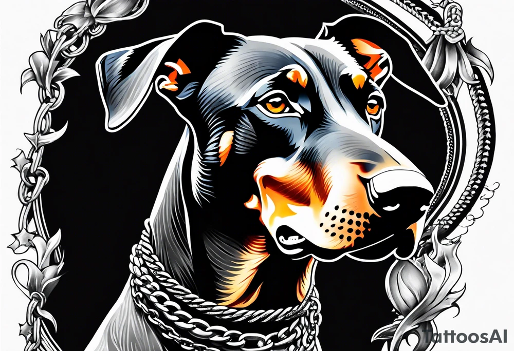 Doberman with open mouth biting
Wearing chain tattoo idea