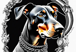 Doberman with open mouth biting
Wearing chain tattoo idea