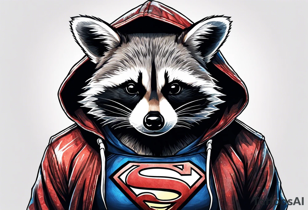 raccoon wearing a Superman hoodie tattoo idea