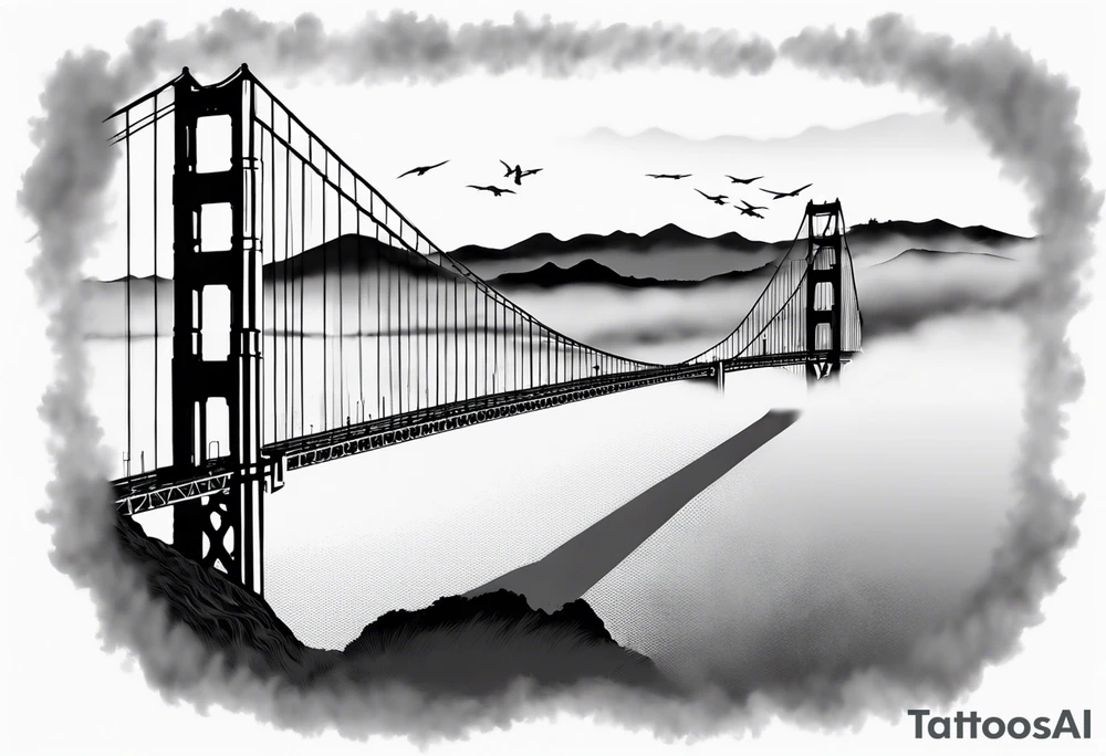 Golden Gate Bridge with fog rolling in with Marin hills in the background tattoo idea