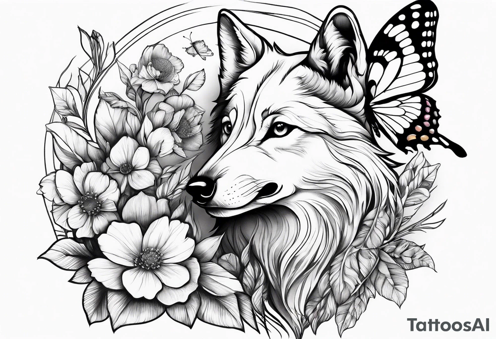 Wolf puppy, peacock feather, butterfly, narcissus flower tattoo idea