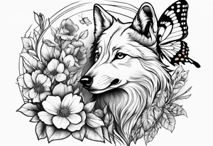 Wolf puppy, peacock feather, butterfly, narcissus flower tattoo idea