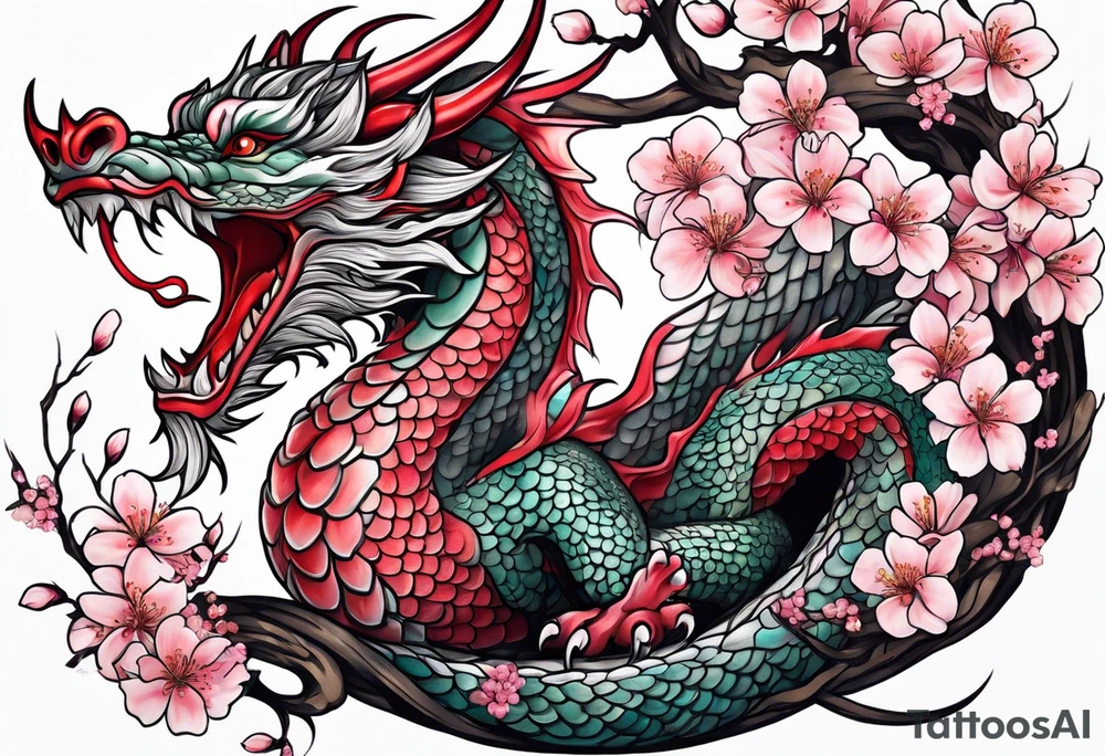 Delicate feminine dragon intertwined in cherry blossom tattoo idea