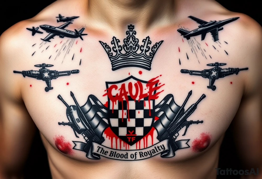 Men Doom Crest  with A Giant King Crown, CAUDLE written inside red, a chessboard, blood splatter on top of two  racing flags & OTF inside, The Words The Blood Of Royalty in red underneath the crest & 🌍 symbol in red outside of the crest, And raining blood drops, Jets/Airplanes/Helicopters/explosives flying above & Guns & Tanks & Dark Sky tattoo idea