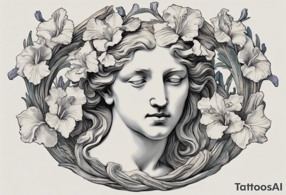 Create a colorful Vincent van Gogh Irises tattoo with an ancient Greek female statue in the middle in white marble. The tattoo should take the form of a crescent, with vines gracefully intertwining at a central point in the middle of the wreath.  The intended placement is on the upper chest. The overall design should be small in size while maintaining a delicate and artistic aesthetic. Pay attention to the graceful flow of the vines and the placement of the irises to achieve a refined and elegant look. tattoo idea