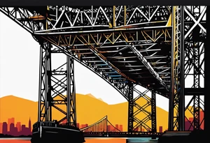 70's poster art, pop art, simple, view from under steel truss cantilever bridge tattoo idea