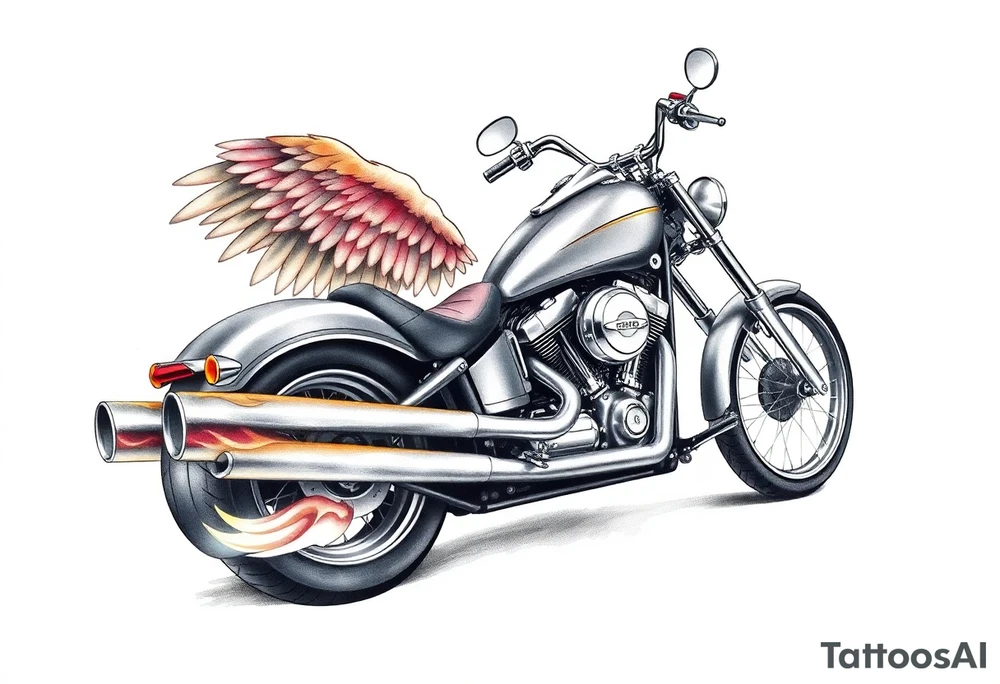 Low rider grey motorcycle, big muffler pipes with flames, angel wings, driving away, no person tattoo idea