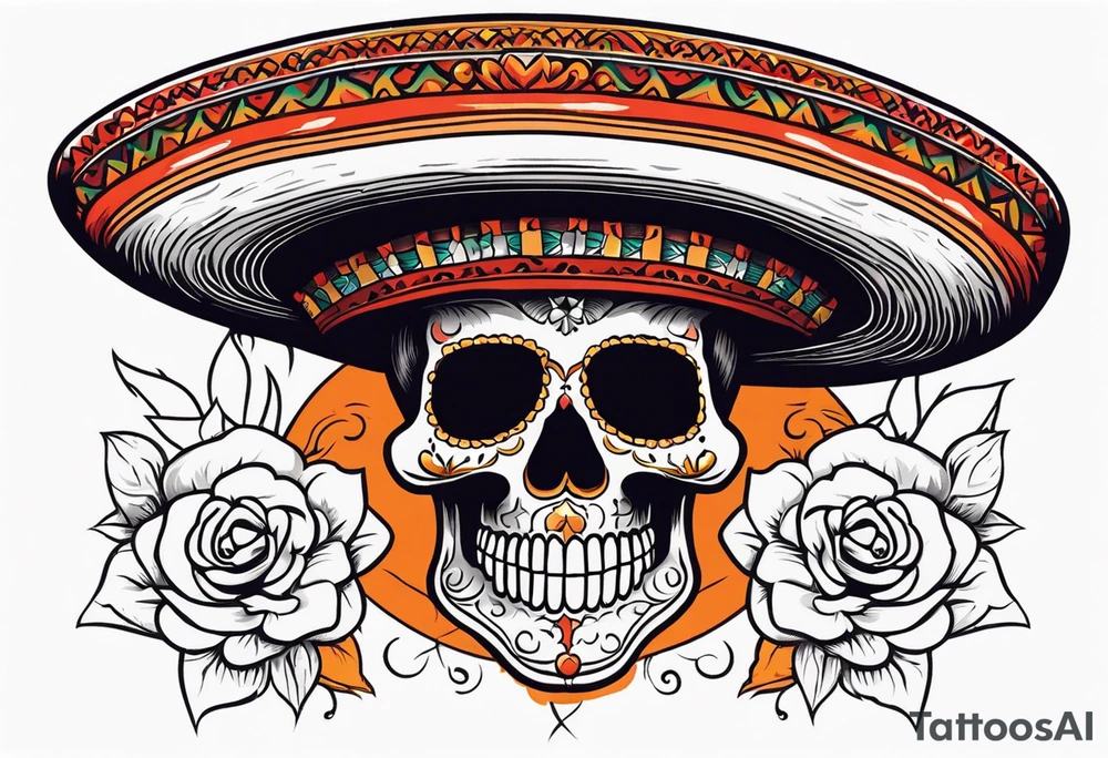 Mexican skull with sombrero with smoke coming out of the bottom orange and red tattoo idea