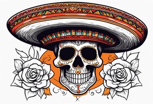 Mexican skull with sombrero with smoke coming out of the bottom orange and red tattoo idea