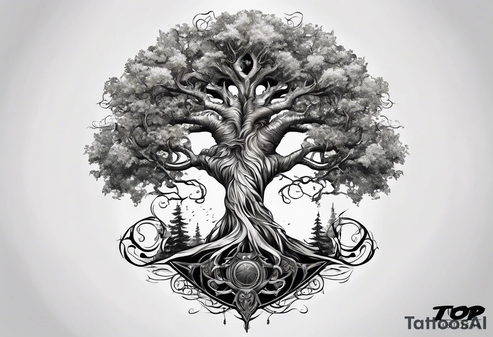 Realistic Horse and Yggdrasil tree tattoo idea