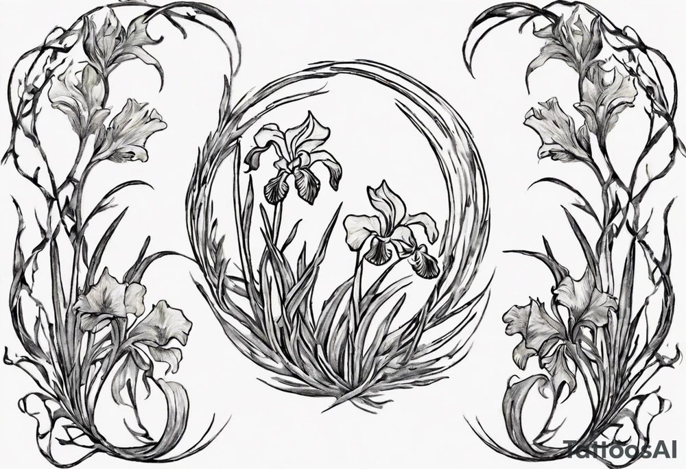Create a small Vincent van Gogh Irises tattoo. The tattoo should take the form of a crescent, with vines gracefully intertwining at a central point in the middle of the wreath. Ensure that the design avoids the appearance of a bush and maintains a more structured and deliberate arrangement. The intended placement is on the upper chest. The overall design should be small in size while maintaining a delicate and artistic aesthetic. Pay attention to the graceful flow of the vines and the placement of the irises to achieve a refined and elegant look. tattoo idea