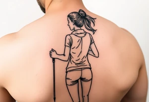 one fine line tattoo with a woman holding hiking poles and running 
(from behind) tattoo idea