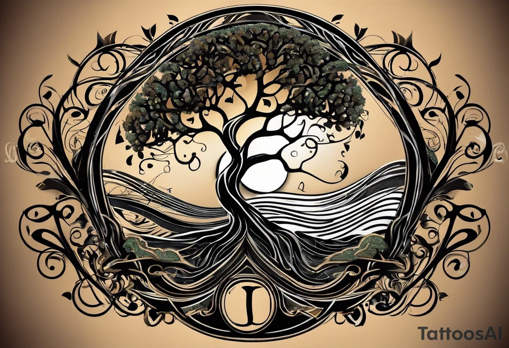 A tattoo design that incorporates the following elements: an abstract tree of life that has roots emerging  from the ground. Waves of water wrap around the tree in a non symmetrical design.  Incorporate musical notes into the tree. the letters U and A are overlapping and engraved into the tree. A golf flag incorporated but not prominent tattoo idea