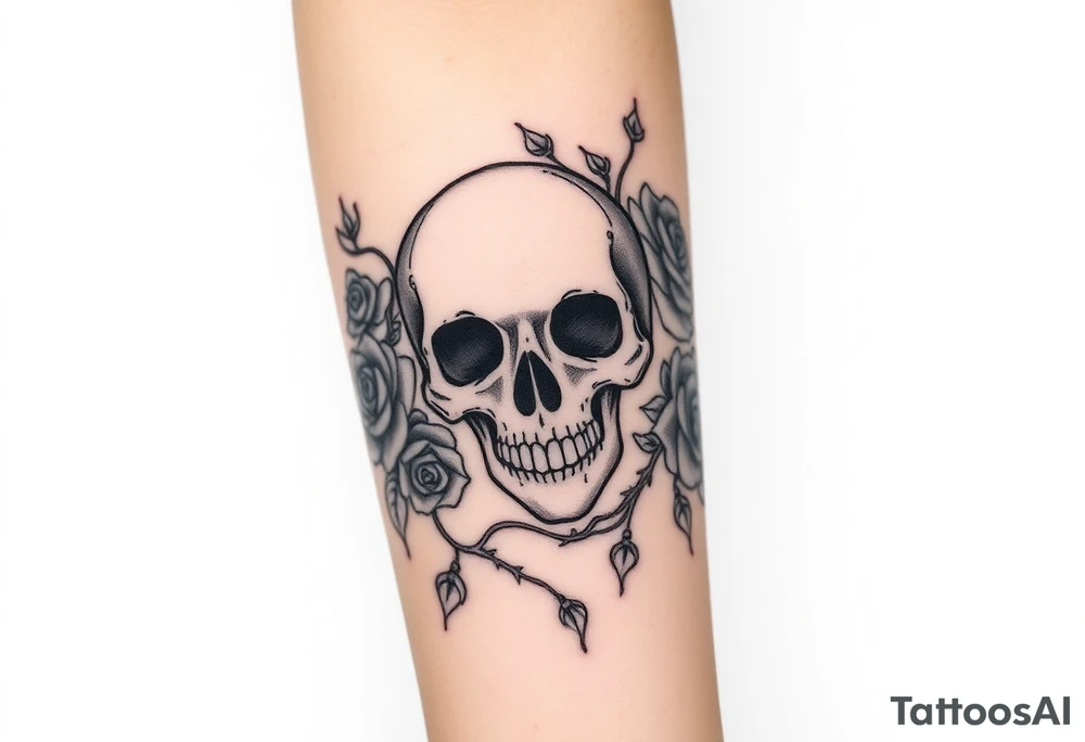 gothic skull intertwined with climbing roses and thorny vines tattoo idea