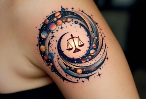 A celestial spiral made of stars and planets, with a glowing scale at the center, symbolizing cosmic justice and karmic cycles. tattoo idea