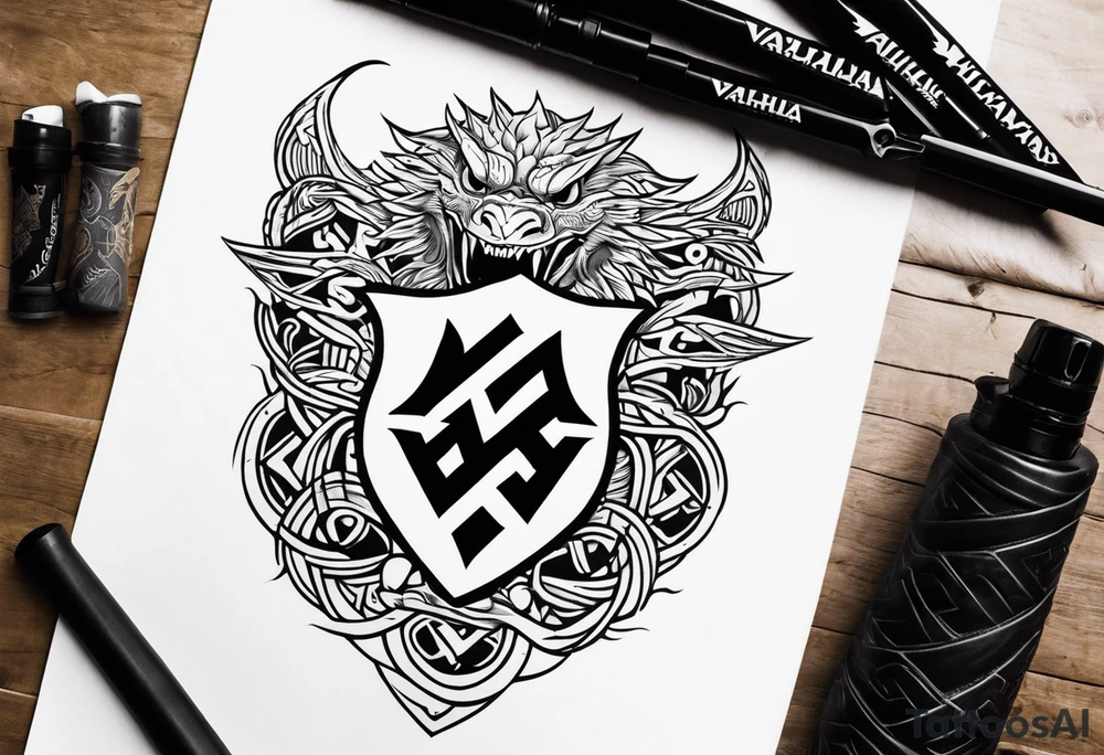 Valhalla sword shield dragon axe Valknut fire tattoo idea Valhalla sword shield dragon axe Valknut fire tattoo idea