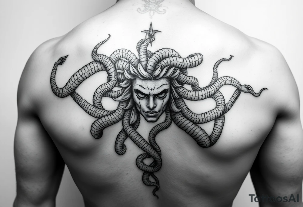 A Beautiful Medusa chest peice with her snake hair reaching my arms and shoulder. Black and white, realistic tattoo idea