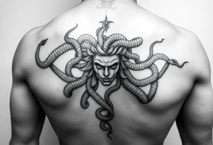 A Beautiful Medusa chest peice with her snake hair reaching my arms and shoulder. Black and white, realistic tattoo idea