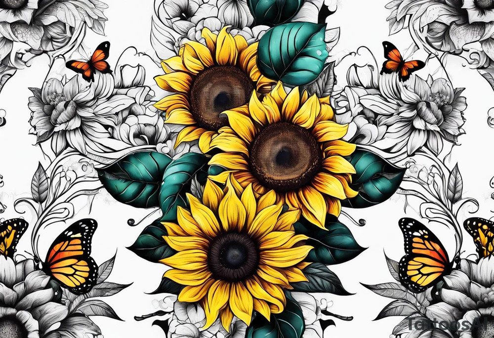 Arm sleeve with sunflowers and butterflies tattoo idea