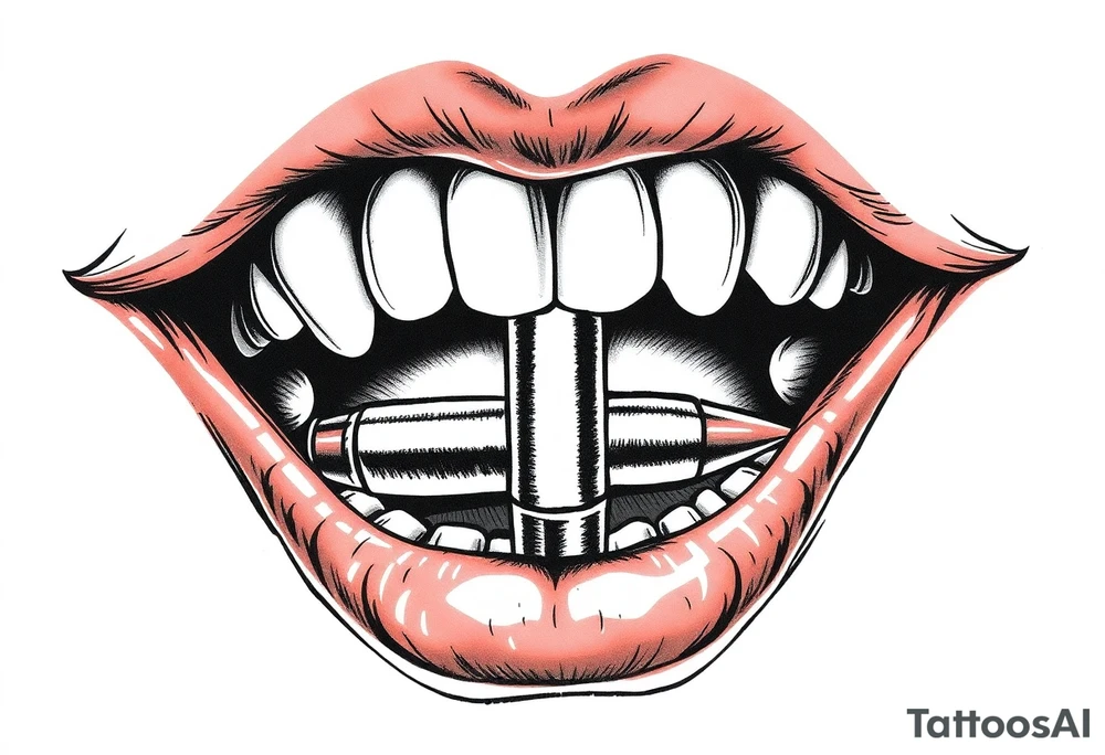 A set of lips snarling with 50cal round between teeth tattoo idea