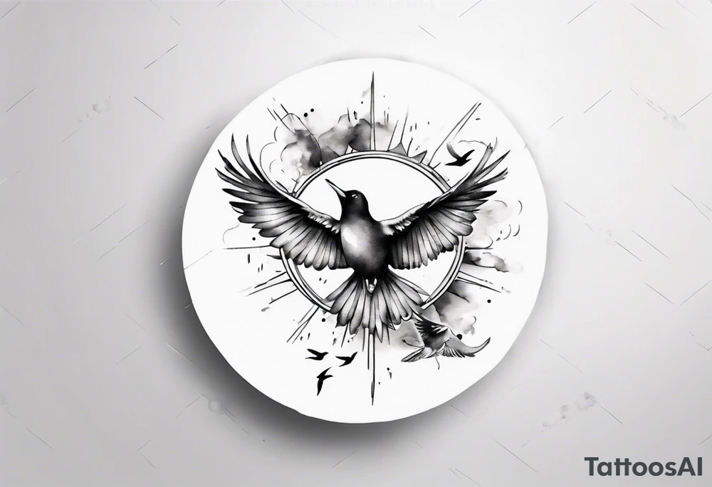 shoulder tattoo with light rays with birds flying free among the clouds, round shape, 3d effect tattoo idea