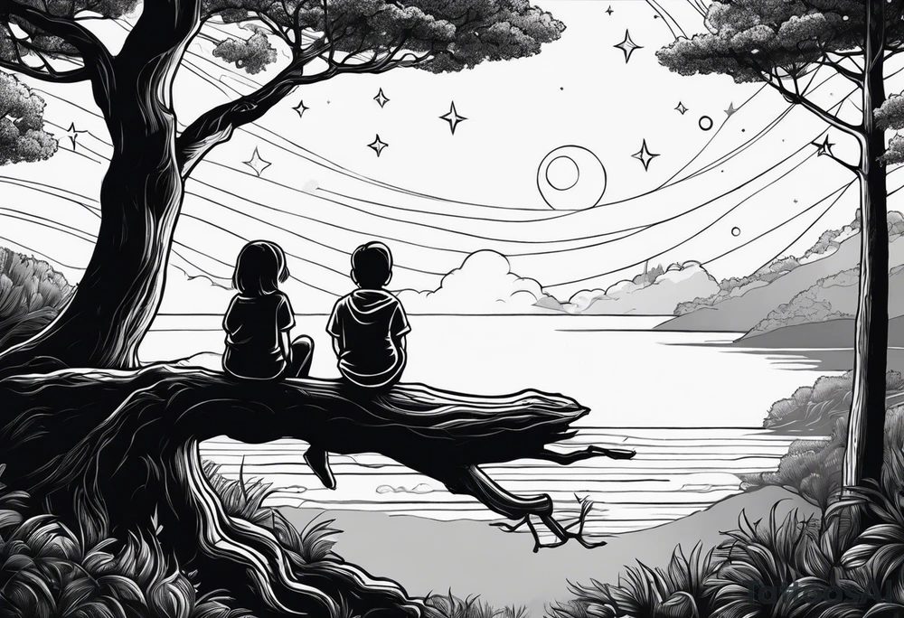 Two siblings watching a starfall by the sea. They are sitting on a tree branch in the woods tattoo idea