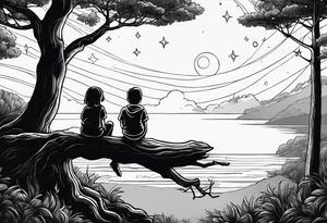 Two siblings watching a starfall by the sea. They are sitting on a tree branch in the woods tattoo idea