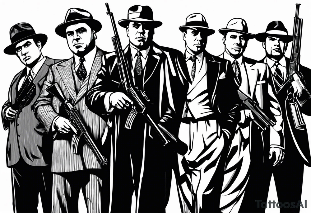 group of gangsters standing together including Al Capone, John Dillinger, Machine Gun Kelley, Bonnie and Clyde along with tommy guns, gatling gun and sawed off shot guns with bullets flying tattoo idea