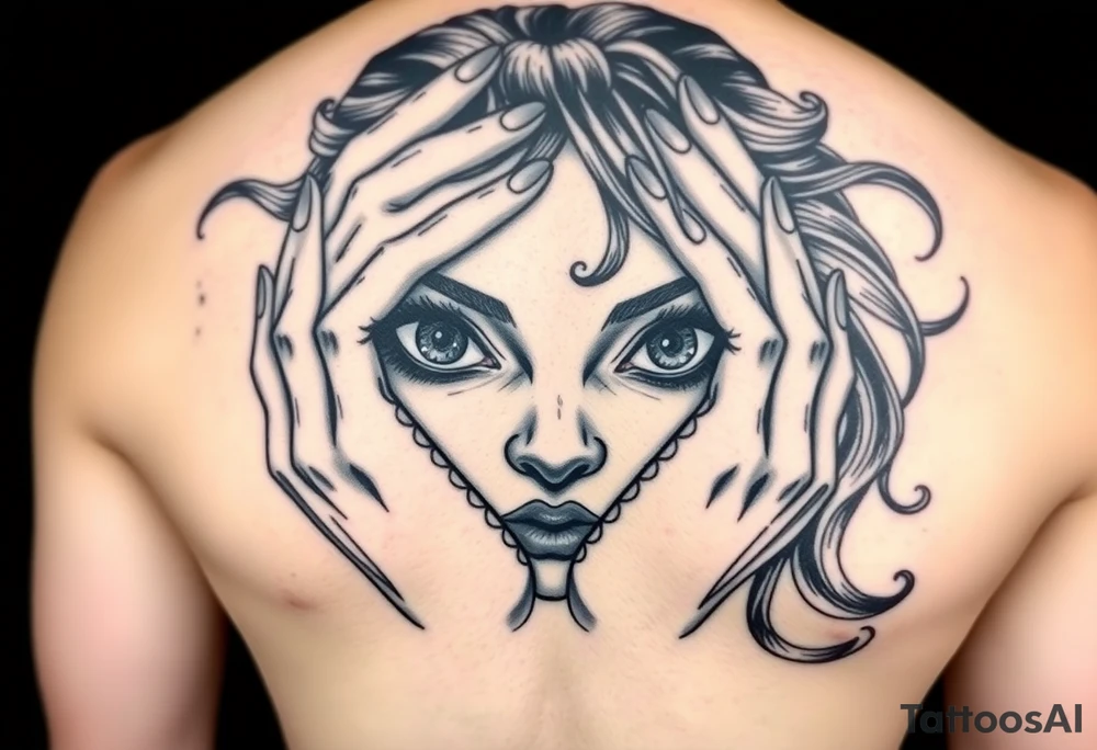 Women that has big eyes but her eyes are covered by both her hands for see no evil and her nose is normal but she is bitting down on her lip so she won't talk for speak no evil and even though she has waves lo g haid that's flying down her face and back you can see both her ears and both her ears are bleeding for hear no evil tattoo idea