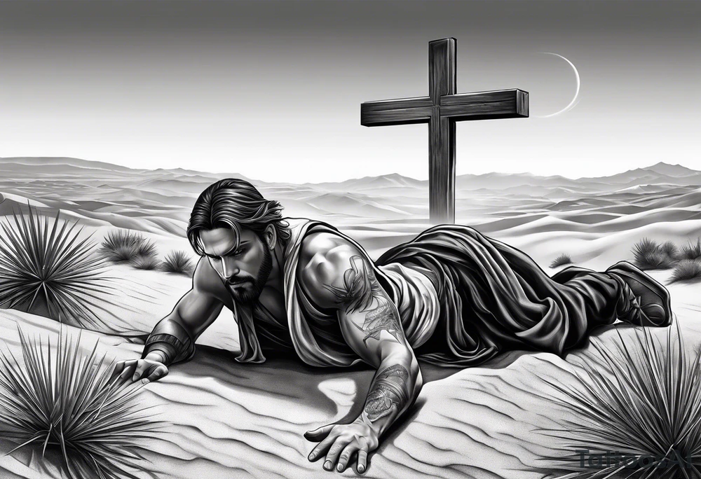 man crawling in a desert toward the cross of Christ tattoo idea