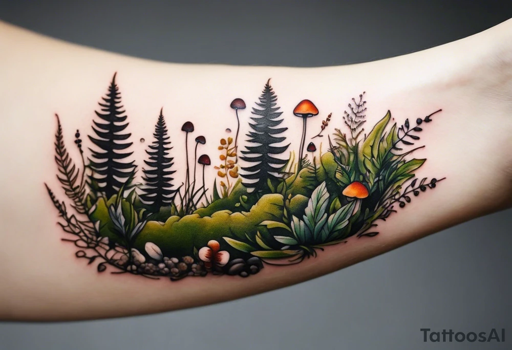 minimalistic forest floor inspired tattoo, which includes grass, moss, curly ferns and dead leaves as the bulk of the tattoo. details to include: forest berries, couple of very small brown mushrooms, a tiny bumblebee flying nearby tattoo idea