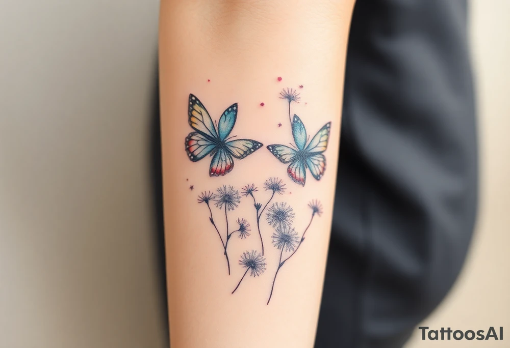 ethereal butterflies with vines of dandelions blowing in the wind tattoo idea