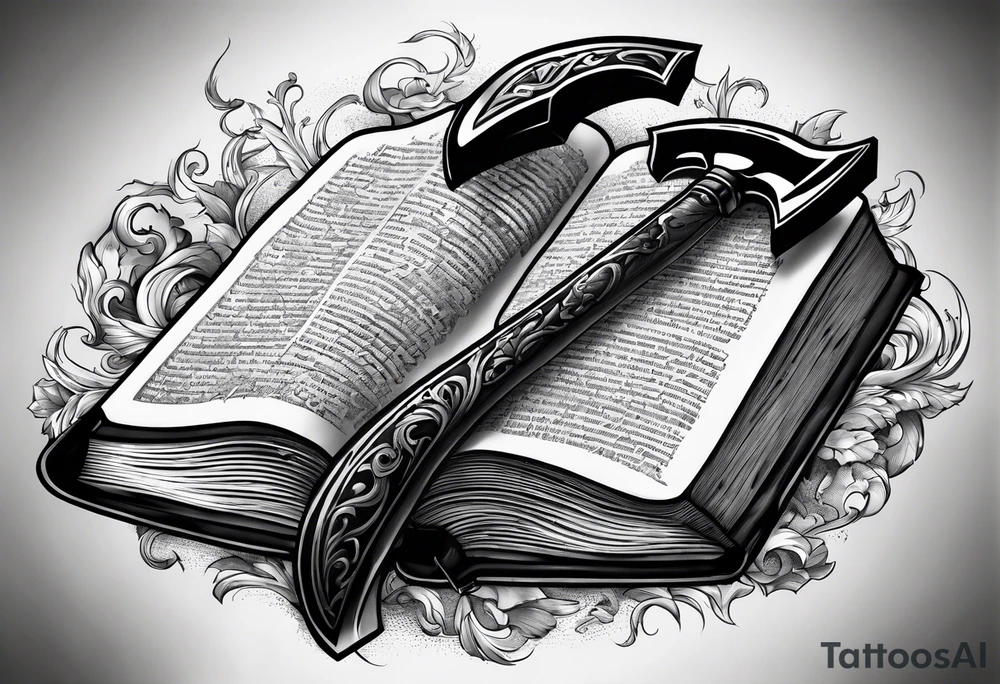 An opened bible with a battle Axe tattoo idea