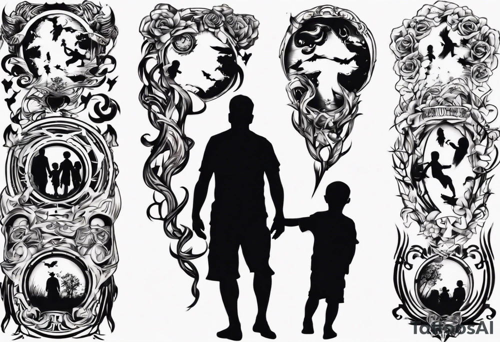 Silhouette of a father with two children tattoo idea
