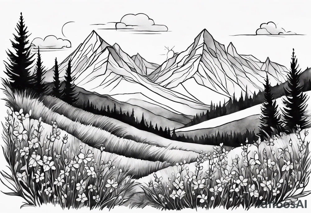 straight line - wildflower in watercolor represents overcoming challenges & strength - mountains, waves with a little sunshine tattoo idea