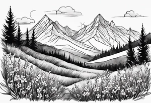 straight line - wildflower in watercolor represents overcoming challenges & strength - mountains, waves with a little sunshine tattoo idea