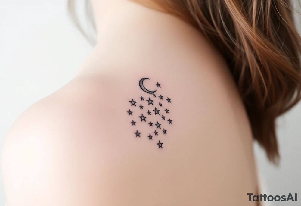 Cascade of stars with moon tattoo idea