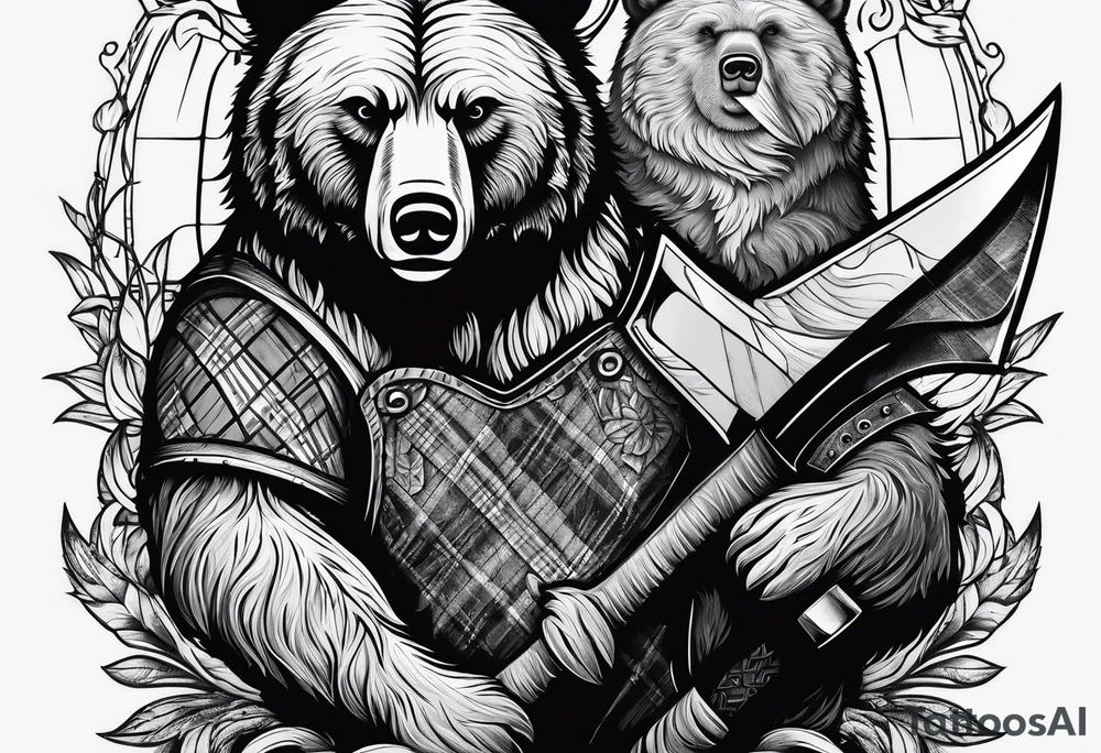 Vertically split half teddy bear and half grizzly bear holding a wooden axe tattoo idea