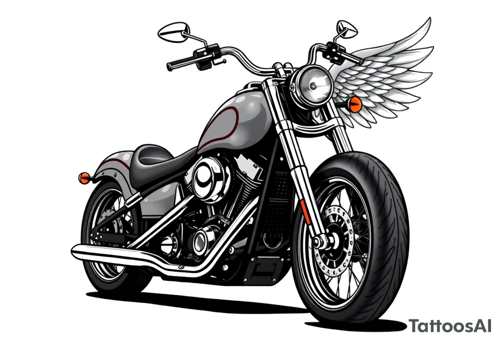 Low rider grey motorcycle, big muffler pipes with flames, angel wings, driving away, no person tattoo idea