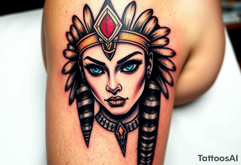 An Egyptian Queen with blue Eyes(only red , blue and black are possible colors) tattoo idea