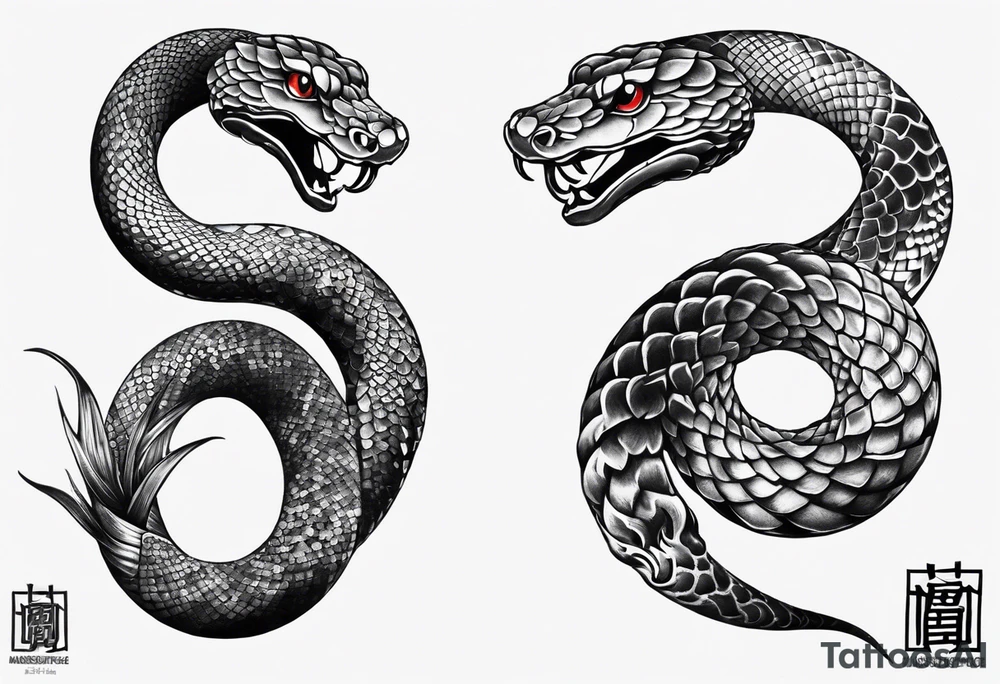 Two headed snake tattoo for placement along the spine in japanese style where the head is positioned at the bottom end of my spine to symbolise a journey of healing and transformation with reference to being a Gemini and twin tattoo idea