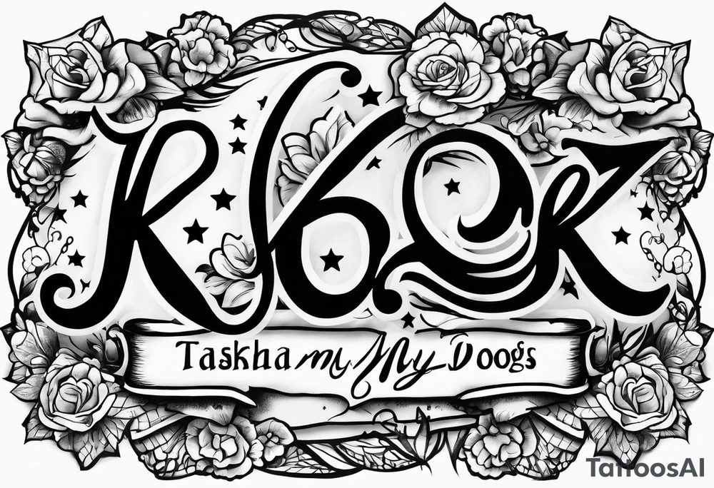 forearm tattoo lettering K9 theme name of all my dogs Tasha Katie Kiera Zeke Pixie Bud Bear tattoo idea