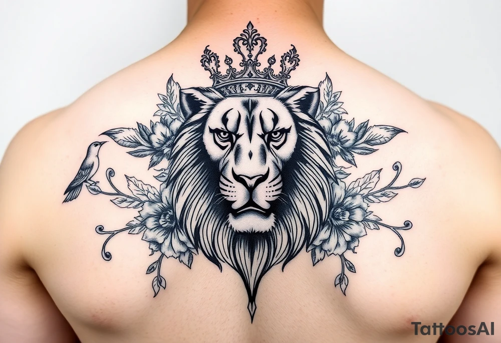 powerful majestic lion with a crown, surrounded by floral ornaments and birds tattoo idea