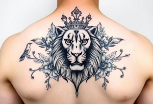 powerful majestic lion with a crown, surrounded by floral ornaments and birds tattoo idea