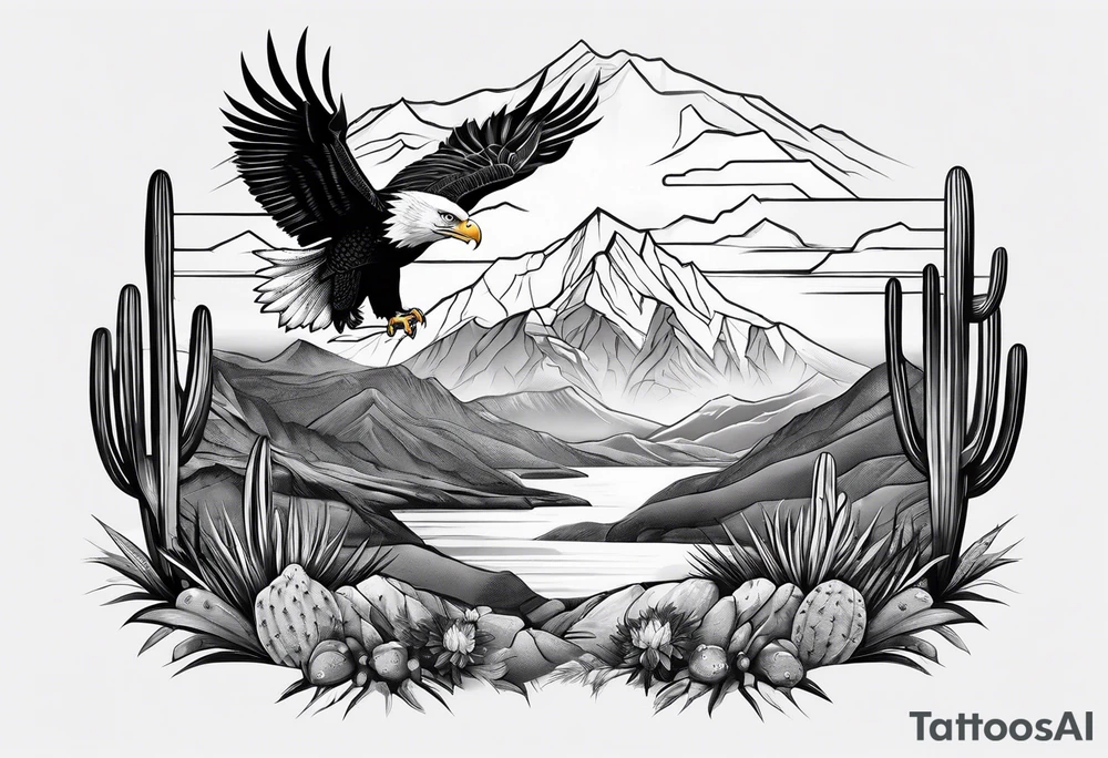 Mountains,  cactus, eagle, forearm tattoo idea