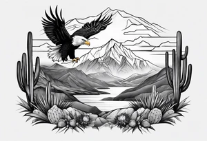 Mountains,  cactus, eagle, forearm tattoo idea