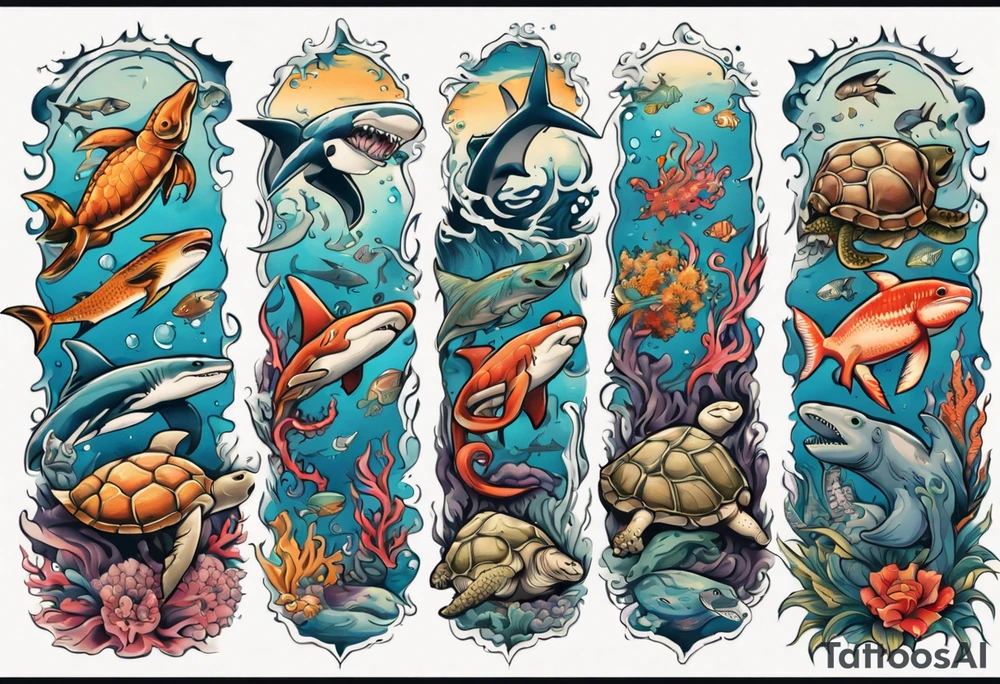 An arm sleeve of an aquatic scene of sea animals, including a hammerhead shark, a turtle, an octopus, and a colorful fish tattoo idea