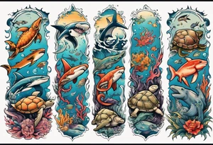 An arm sleeve of an aquatic scene of sea animals, including a hammerhead shark, a turtle, an octopus, and a colorful fish tattoo idea