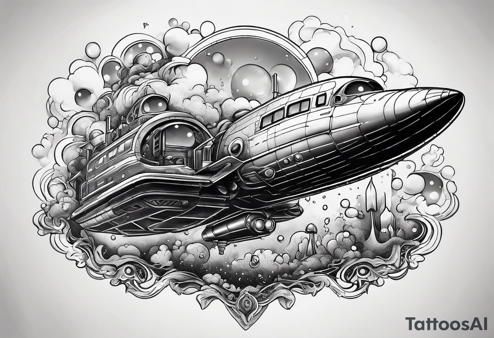 thinner rocketship with a psychedelic mushroom top with fire coming out the bottom bursting out of bubble as the bubble pops tattoo idea