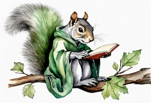 a solitary female grey squirrel dressed in a grey and green tunic sitting on a tree branch reading an ancient tome tattoo idea